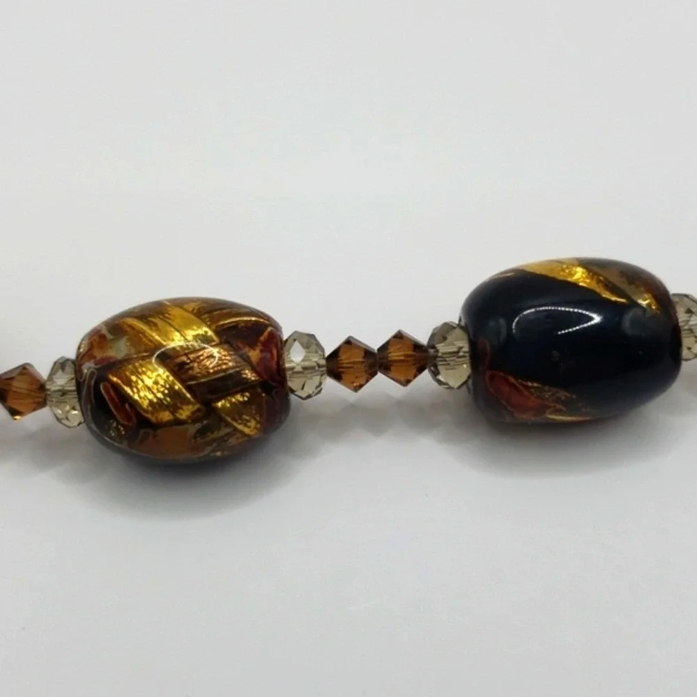 Murano Style Art Glass Bracelet Black Brown Gold Sparkle‎ Accents Beads